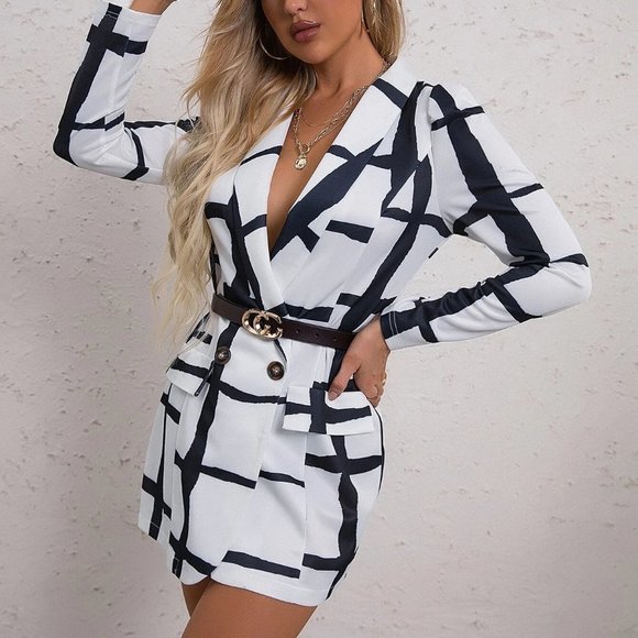 White & Black Preppy Womens Plaid Print Shawl Collar Blazer Without Belt - Picture 4 of 5